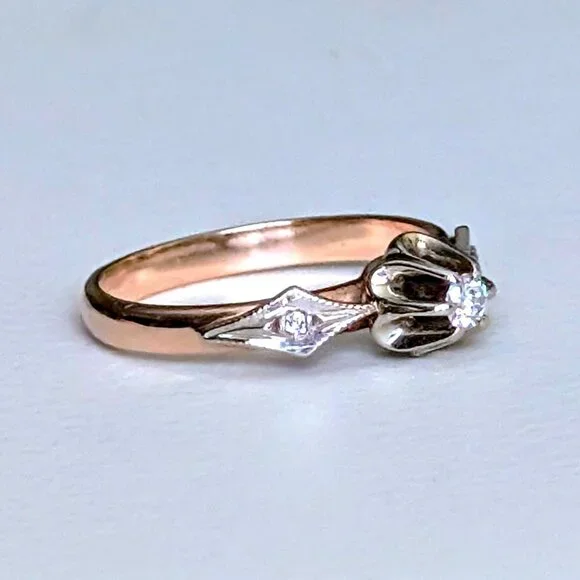 Vintage Russian USSR Solid 14K 585 Rose Pink White Gold Diamond Buttercup Ring